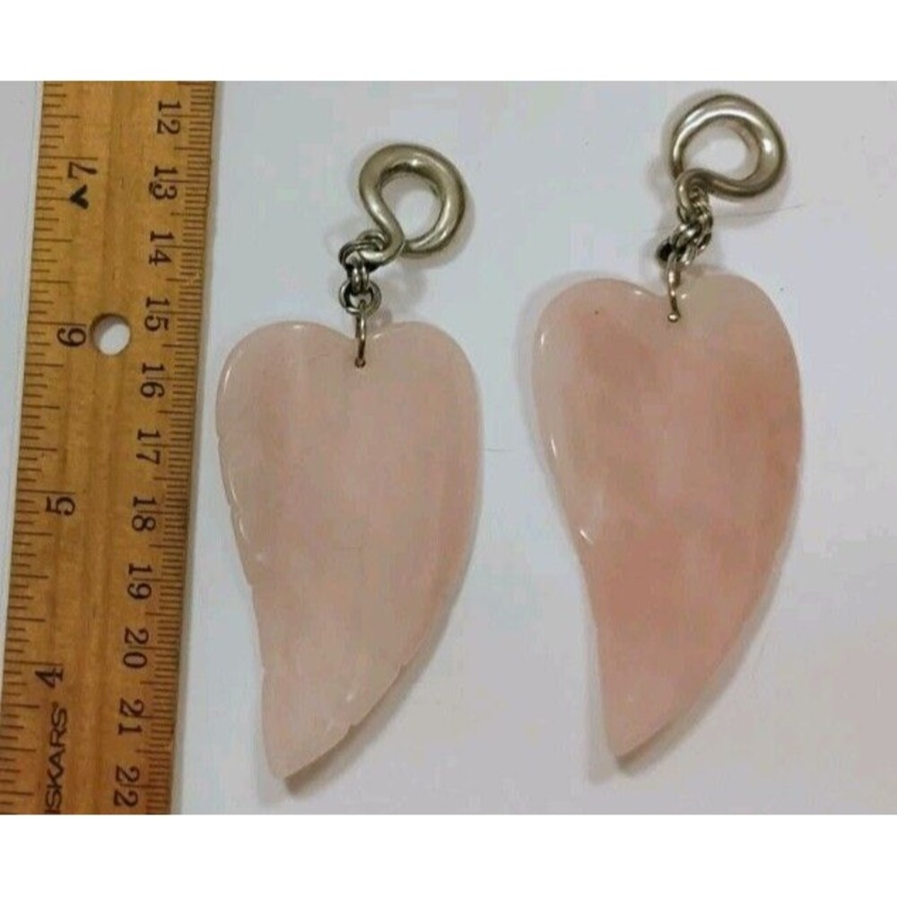 Rose Quartz Gemstone Carved Wing Ear Hangers Stretched Piercing Weights Pair